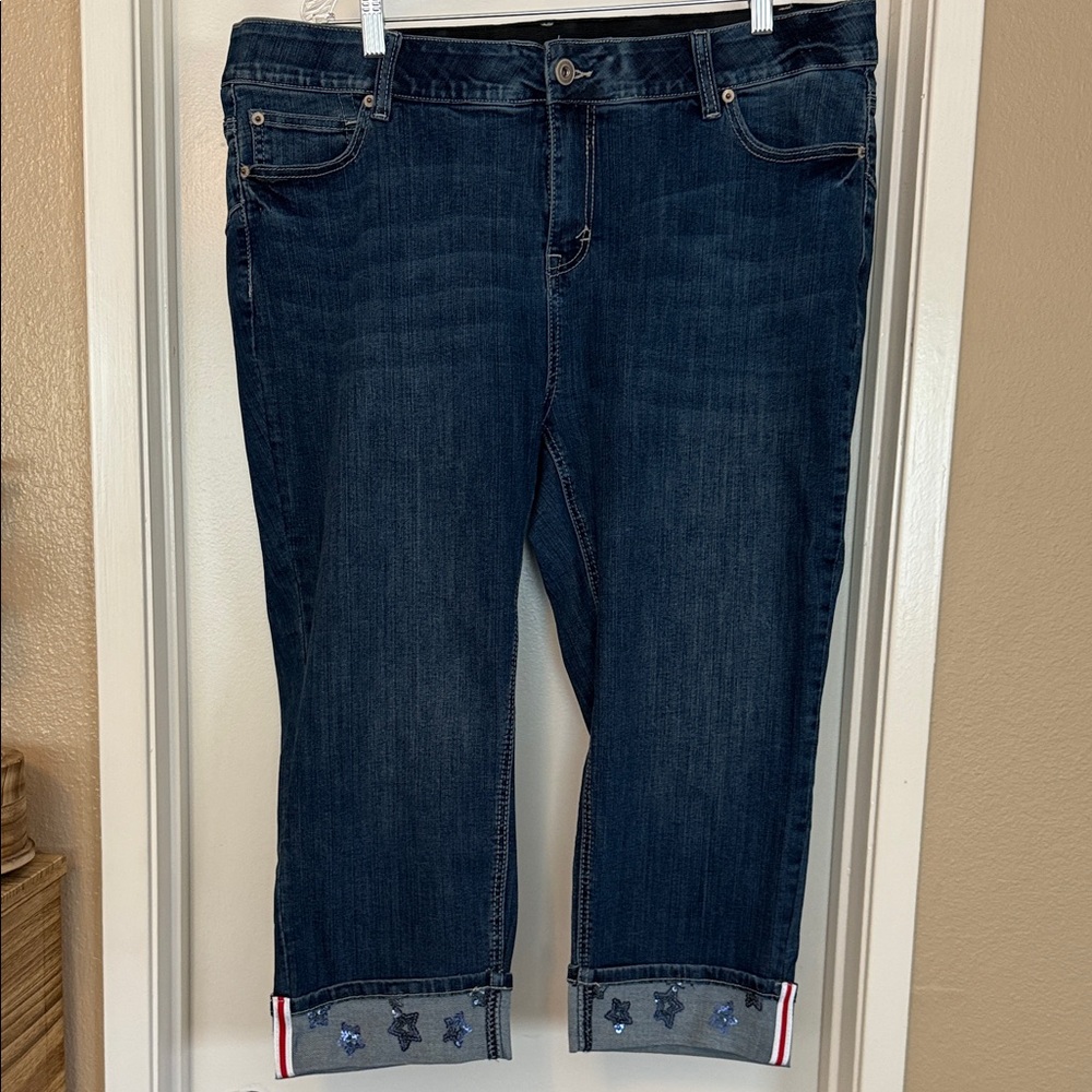 Avenue Dark Blue Cropped Jeans with Star Details
